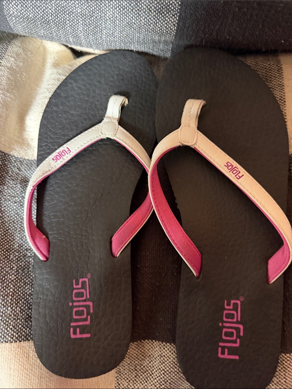 Flojos Black Flip Flop Sandals with Pink and Cream Straps